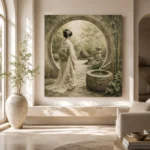 Sage & Ivory Moon Gate Zen Garden Geisha Art Canvas Print - Image 8