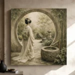 Sage & Ivory Moon Gate Zen Garden Geisha Art Canvas Print - Image 9