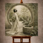 Sage & Ivory Moon Gate Zen Garden Geisha Art Canvas Print - Image 10