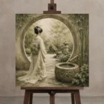 Sage & Ivory Moon Gate Zen Garden Geisha Art Canvas Print displayed on a studio easel