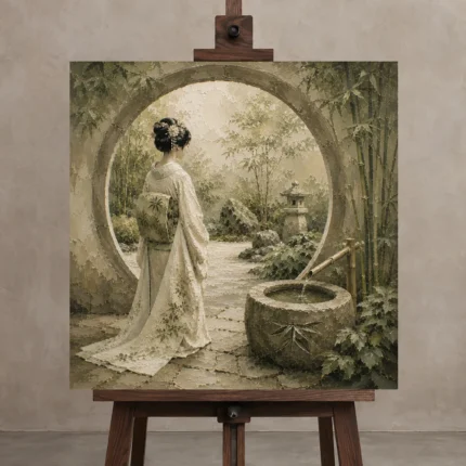 Sage & Ivory Moon Gate Zen Garden Geisha Art Canvas Print displayed on a studio easel