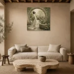 Sage & Ivory Moon Gate Zen Garden Geisha Art Canvas Print presented in a sophisticated home setting