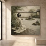 Sage and ivory meditative Zen Garden Geisha Art print for elegant interiors. No text or watermarks in design.