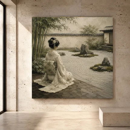 Sage and ivory meditative Zen Garden Geisha Art print for elegant interiors. No text or watermarks in design.