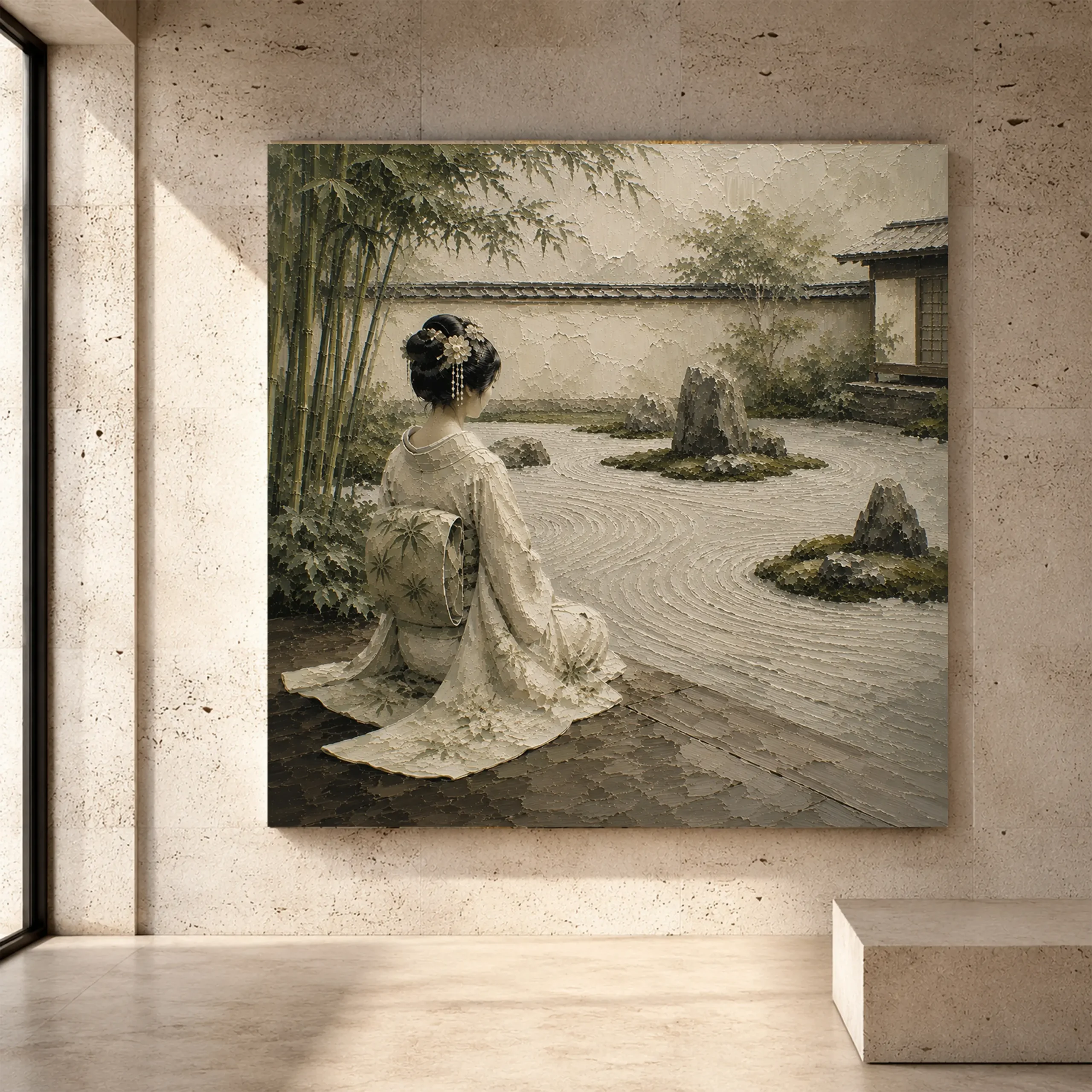 Premium Wall Art Kare Html Edition – GYSHA067 Image 1 Sage and ivory meditative Zen Garden Geisha Art print for elegant interiors. No text or watermarks in design.