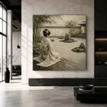 Sage & Ivory Kneeling Zen Garden Geisha Art Canvas Print - Image 3