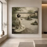 Sage & Ivory Kneeling Zen Garden Geisha Art Canvas Print - Image 4