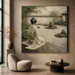 Sage & Ivory Kneeling Zen Garden Geisha Art Canvas Print - Image 5