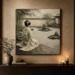 Sage & Ivory Kneeling Zen Garden Geisha Art Canvas Print - Image 6