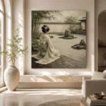 Sage & Ivory Kneeling Zen Garden Geisha Art Canvas Print - Image 8
