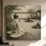 Sage & Ivory Kneeling Zen Garden Geisha Art Canvas Print - Image 9