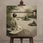 Sage & Ivory Kneeling Zen Garden Geisha Art Canvas Print displayed on a studio easel