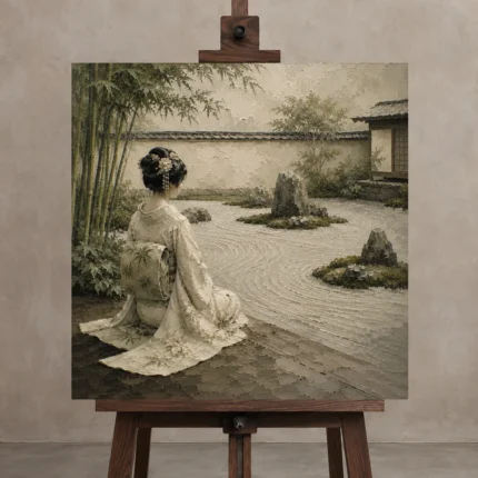 Sage & Ivory Kneeling Zen Garden Geisha Art Canvas Print displayed on a studio easel
