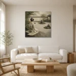 Sage & Ivory Kneeling Zen Garden Geisha Art Canvas Print styled in a refined neutral interior