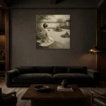 Sage & Ivory Kneeling Zen Garden Geisha Art Canvas Print shown in a warm modern interior