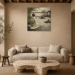 Sage & Ivory Kneeling Zen Garden Geisha Art Canvas Print presented in a sophisticated home setting