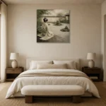 Sage & Ivory Kneeling Zen Garden Geisha Art Canvas Print showcased in an elegant minimalist interior