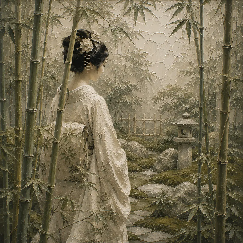 Sage & Ivory Bamboo Veil Zen Garden Geisha Art Canvas Print