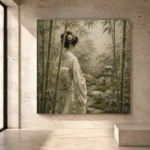Sage and ivory tranquil Zen Garden Geisha Art print for elegant interiors. No text or watermarks in design.
