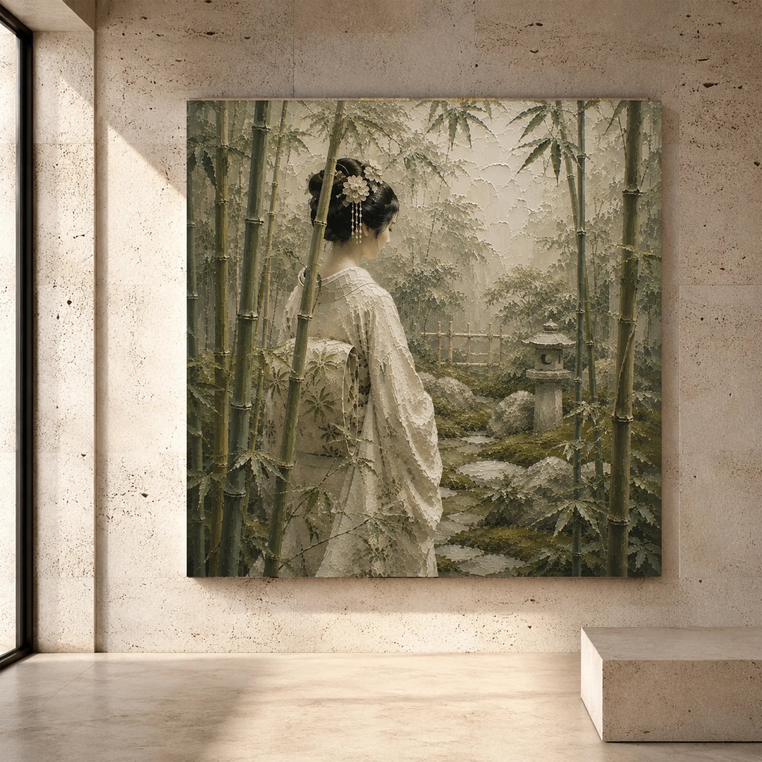 Premium Wall Art Kare Html Edition – GYSHA068 Image 1 Sage and ivory tranquil Zen Garden Geisha Art print for elegant interiors. No text or watermarks in design.