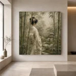 Sage & Ivory Bamboo Veil Zen Garden Geisha Art Canvas Print - Image 4