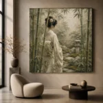 Sage & Ivory Bamboo Veil Zen Garden Geisha Art Canvas Print - Image 5