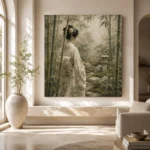 Sage & Ivory Bamboo Veil Zen Garden Geisha Art Canvas Print - Image 8