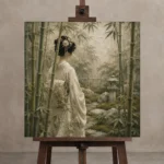 Sage & Ivory Bamboo Veil Zen Garden Geisha Art Canvas Print displayed on a studio easel