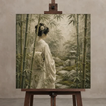 Sage & Ivory Bamboo Veil Zen Garden Geisha Art Canvas Print displayed on a studio easel