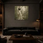 Sage & Ivory Bamboo Veil Zen Garden Geisha Art Canvas Print shown in a warm modern interior
