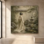 Sage and ivory calm Zen Garden Geisha Art print for elegant interiors. No text or watermarks in design.