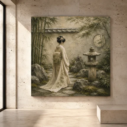 Sage and ivory calm Zen Garden Geisha Art print for elegant interiors. No text or watermarks in design.