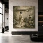 Sage & Ivory Stone Lantern Zen Garden Geisha Art Canvas Print - Image 3