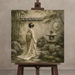 Sage & Ivory Stone Lantern Zen Garden Geisha Art Canvas Print displayed on a studio easel