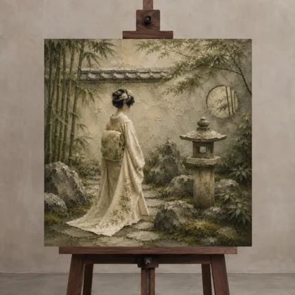 Sage & Ivory Stone Lantern Zen Garden Geisha Art Canvas Print displayed on a studio easel