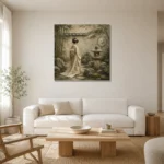 Sage & Ivory Stone Lantern Zen Garden Geisha Art Canvas Print styled in a refined neutral interior