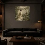 Sage & Ivory Stone Lantern Zen Garden Geisha Art Canvas Print shown in a warm modern interior