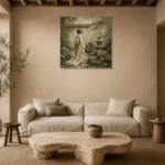 Sage & Ivory Stone Lantern Zen Garden Geisha Art Canvas Print presented in a sophisticated home setting