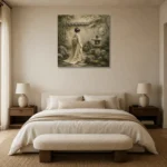 Sage & Ivory Stone Lantern Zen Garden Geisha Art Canvas Print showcased in an elegant minimalist interior