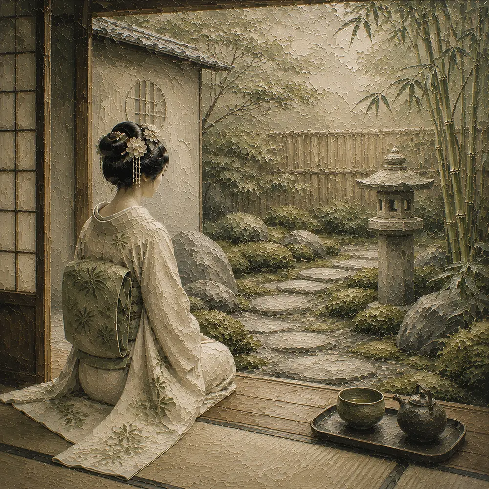 Sage & Ivory Tea House Zen Garden Geisha Art Canvas Print