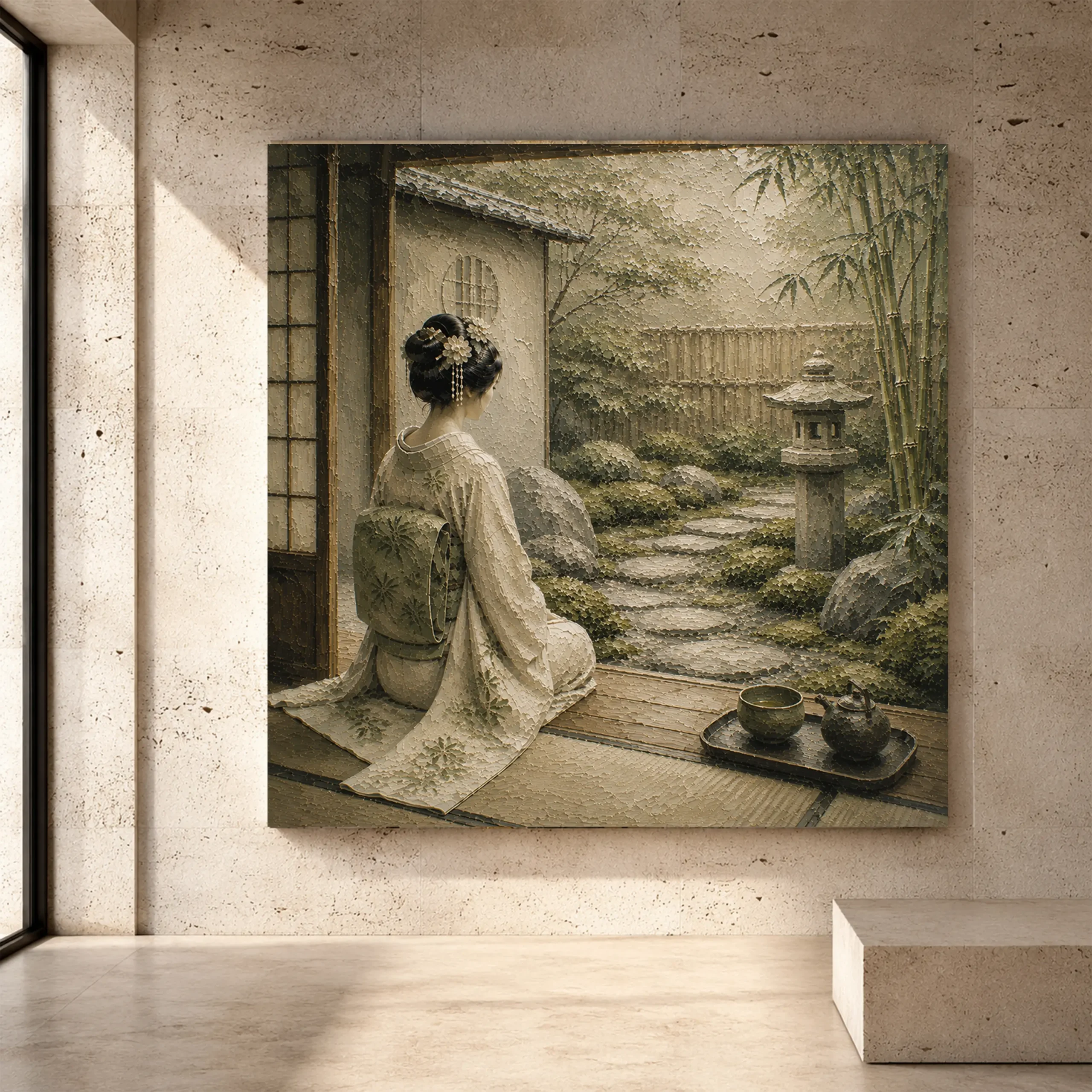 Premium Wall Art Kare Html Edition – GYSHA070 Image 1 Sage and ivory serene Zen Garden Geisha Art print for elegant interiors. No text or watermarks in design.
