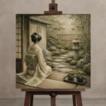 Sage & Ivory Tea House Zen Garden Geisha Art Canvas Print displayed on a studio easel