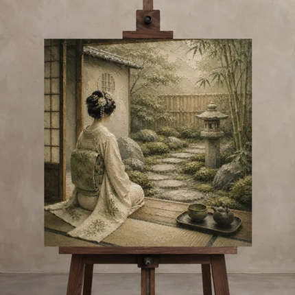Sage & Ivory Tea House Zen Garden Geisha Art Canvas Print displayed on a studio easel