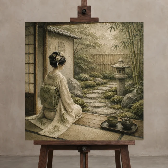 Sage & Ivory Tea House Zen Garden Geisha Art Canvas Print displayed on a studio easel