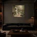 Sage & Ivory Tea House Zen Garden Geisha Art Canvas Print shown in a warm modern interior