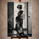 Black pearl and charcoal Monochrome Geisha Art print for elegant interiors. No text or watermarks in design.