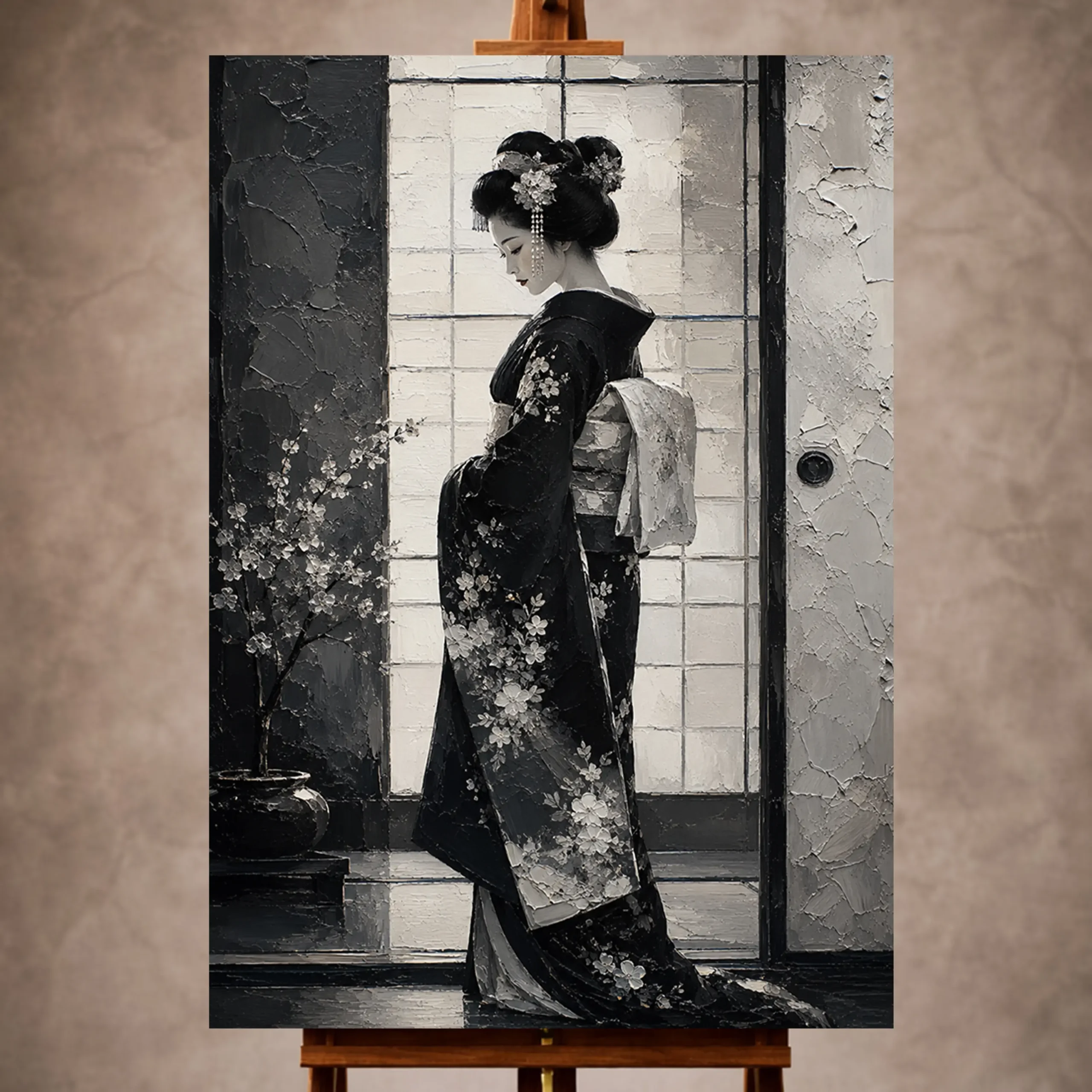 Premium Wall Art Dikey Html Edition – GYSHA071 Image 1 Black pearl and charcoal Monochrome Geisha Art print for elegant interiors. No text or watermarks in design.