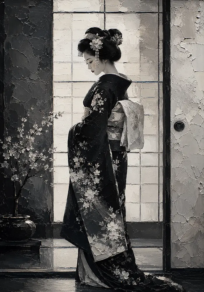 Black & Pearl Monochrome Geisha Art Canvas Print