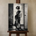 Black & Pearl Monochrome Geisha Art Canvas Print displayed on a studio easel