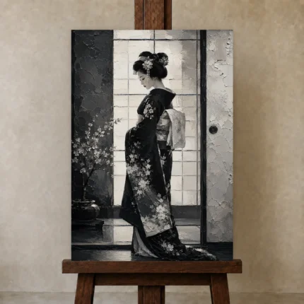 Black & Pearl Monochrome Geisha Art Canvas Print shown in Studio Easel